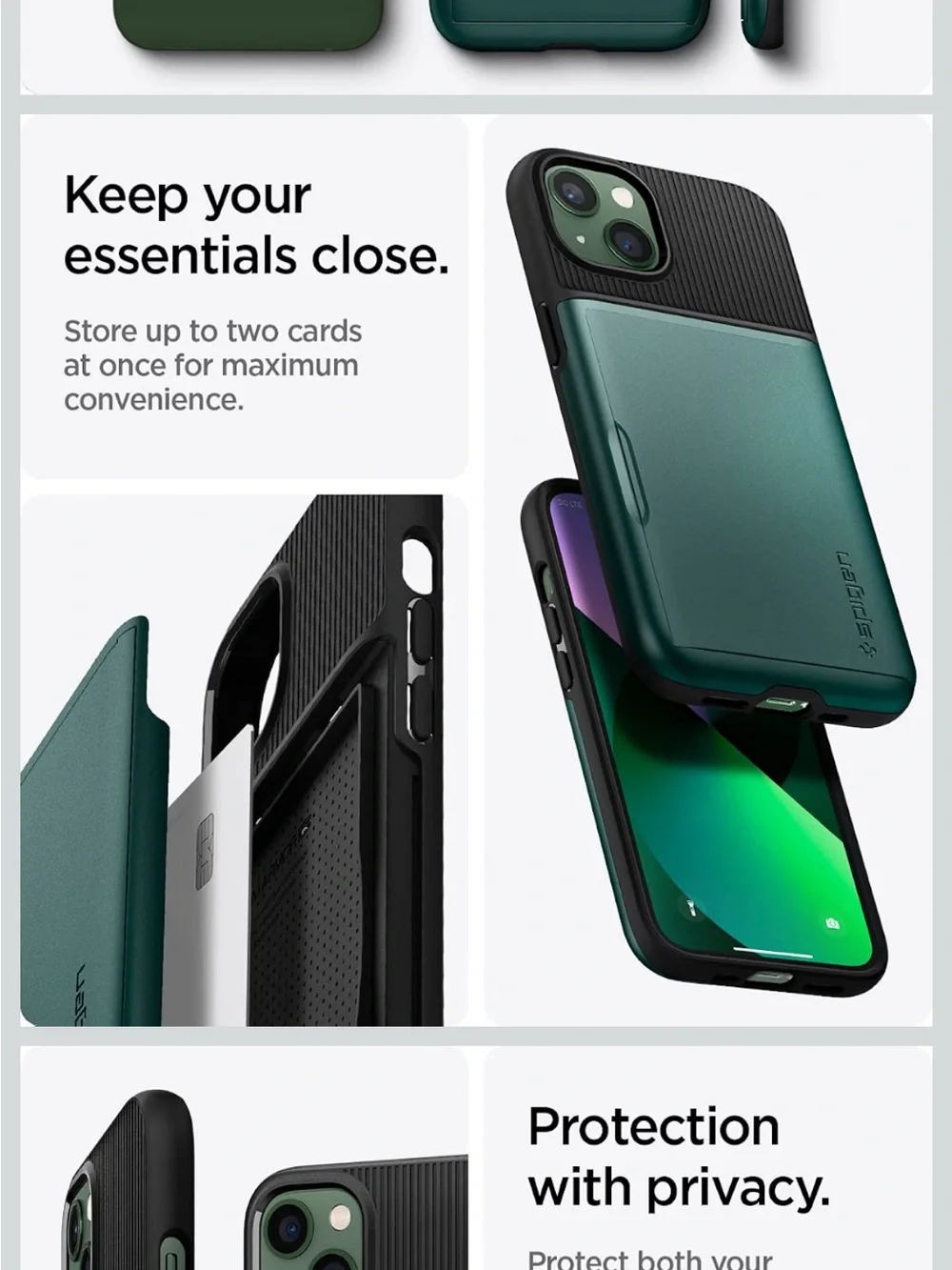 Spigen iPhone 13 Card Slot Case in Forest Green with Sliding Wallet